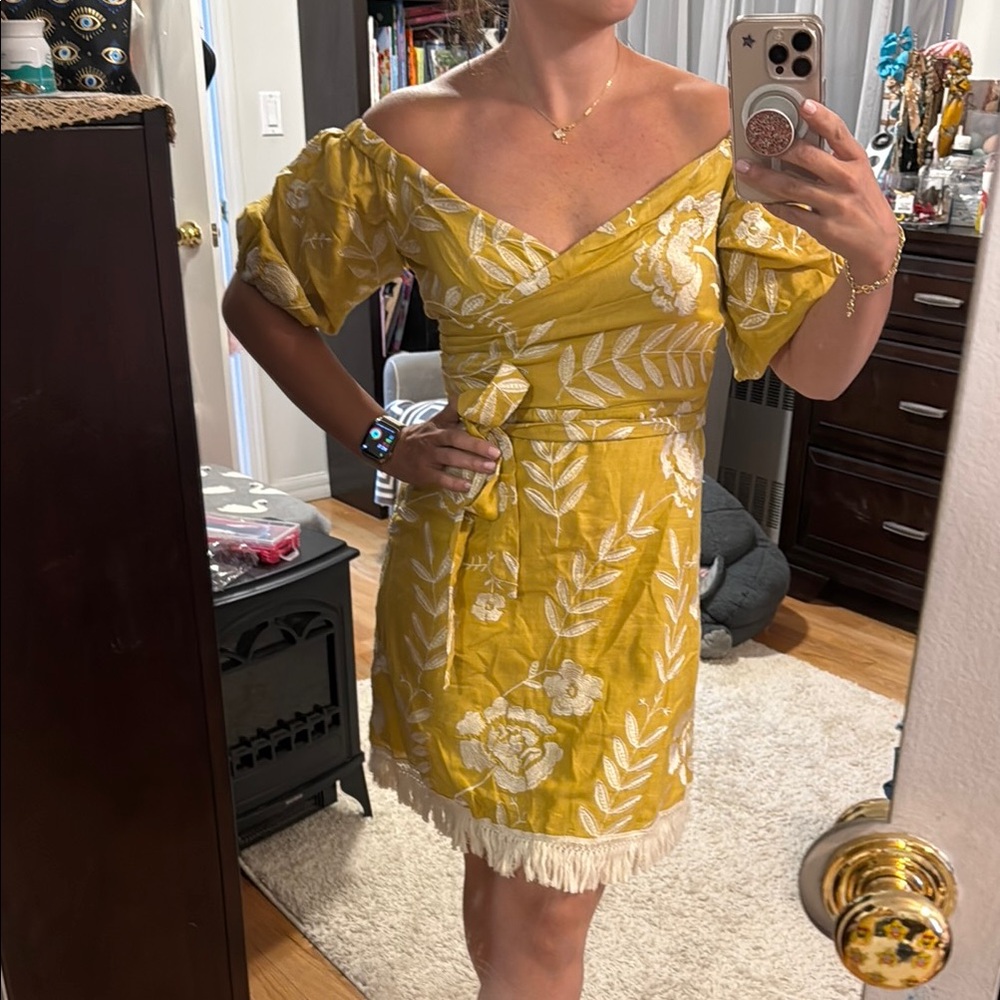 BCBG Yellow Off-Shoulder Flutter Sleeve Mini Dress